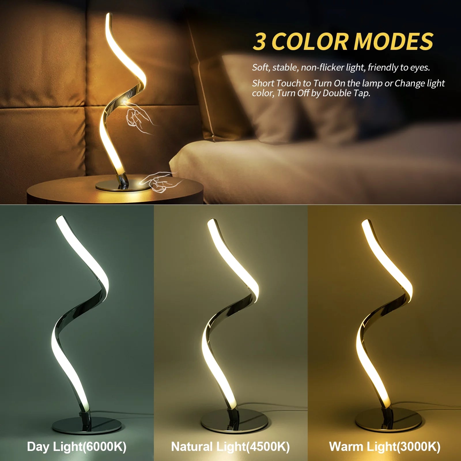 Modern Spiral Table Lamp -  Touch Control Bedside Lamp, 3 Colors &amp; Fully Stepless Dimmable Nightstand Lamps for Bedroom, Living Room &amp; Office(3000K 4000K 5000K)